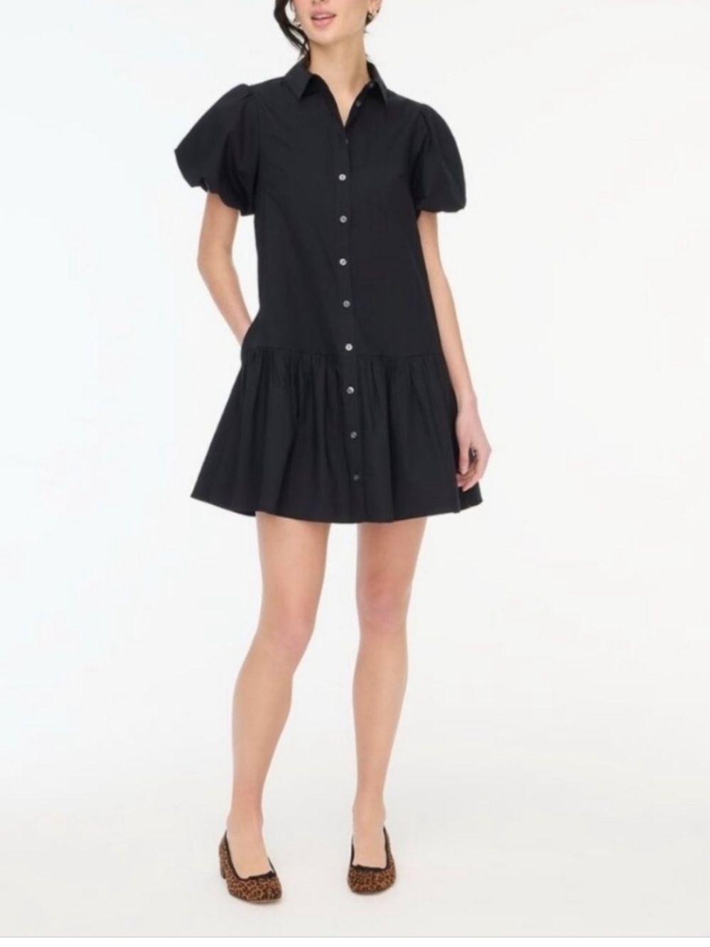 J. Crew Factory Black Button-Front Puff Sleeve Tiered Dress size 12
